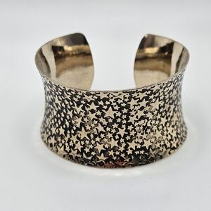 VINTAGE Gold Tone Brass Black Embossed Stars Cuff Bracelet